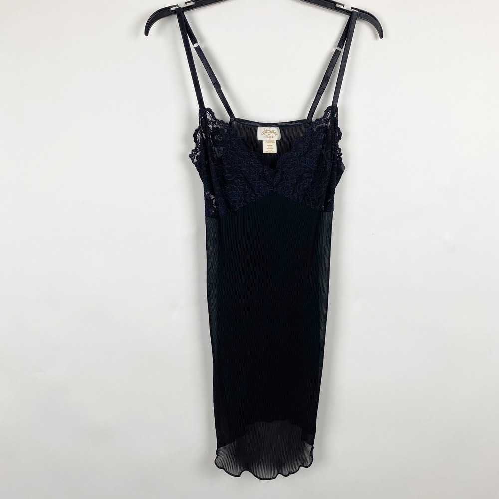 Intimates by‎ Flora Lace Trim Pleated Tie Back Chemise Nightgown Womens L Black